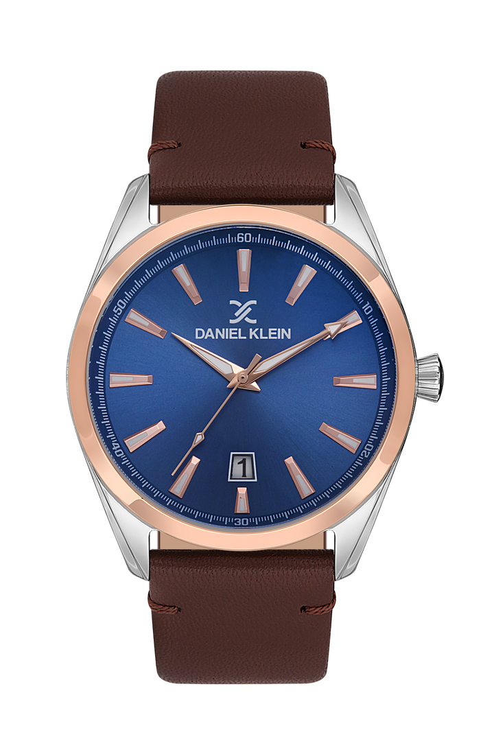 Rose Gold Case & Blue Dial Watch With Brown Leather Strap