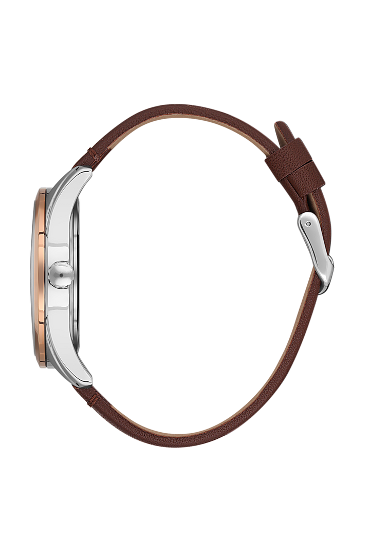 Rose Gold Case & Blue Dial Watch With Brown Leather Strap