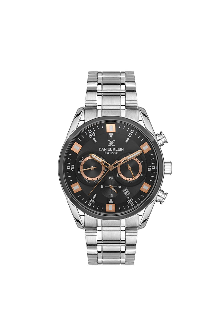 Silver Case & Black Dial Watch With Stainless Steel Bracelet - Silver