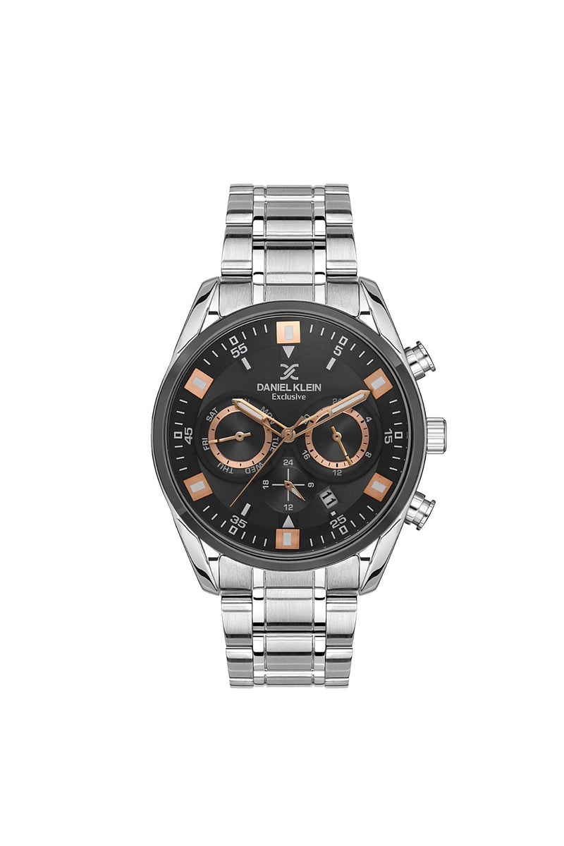 Silver Case & Black Dial Watch With Stainless Steel Bracelet - Silver