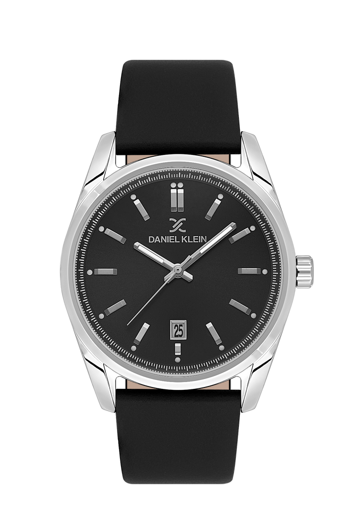 Silver Case Black Dial & Leather Strap - Silver
