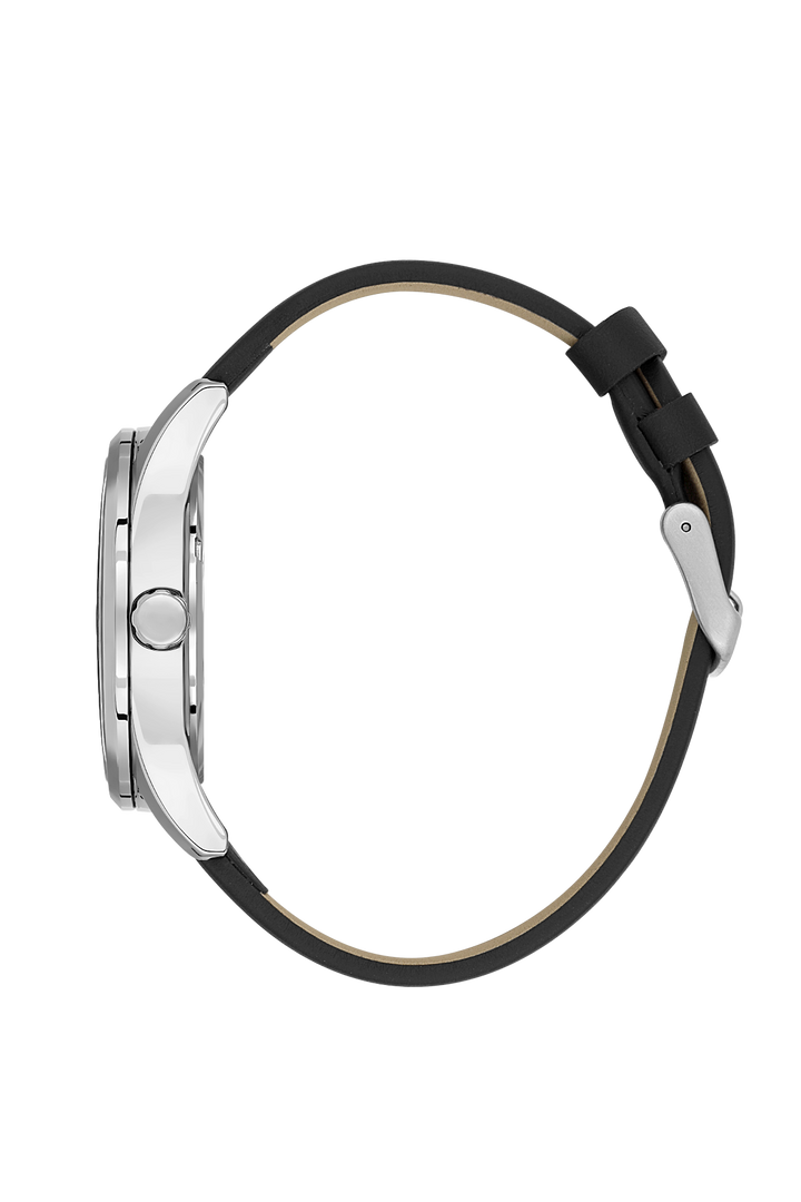 Silver Case Black Dial & Leather Strap - Silver