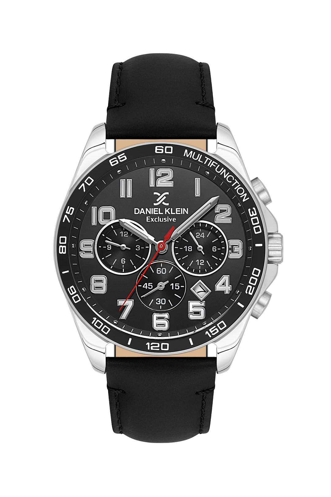 Stainless Steel Case & Black Dial Watch With Black Leather Strap - Silver