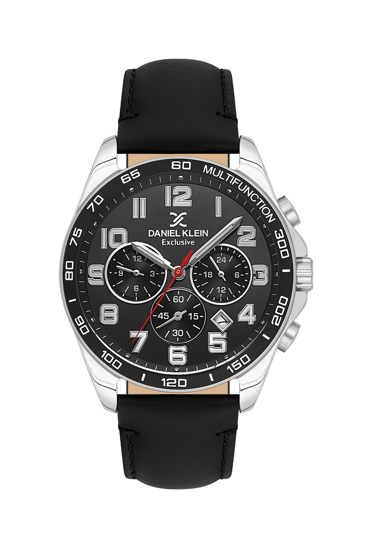 Stainless Steel Case & Black Dial Watch With Black Leather Strap - Silver