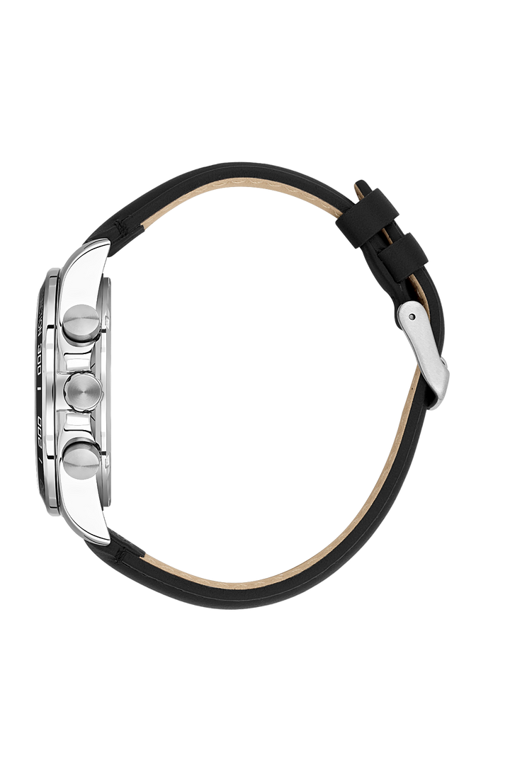 Stainless Steel Case & Black Dial Watch With Black Leather Strap - Silver