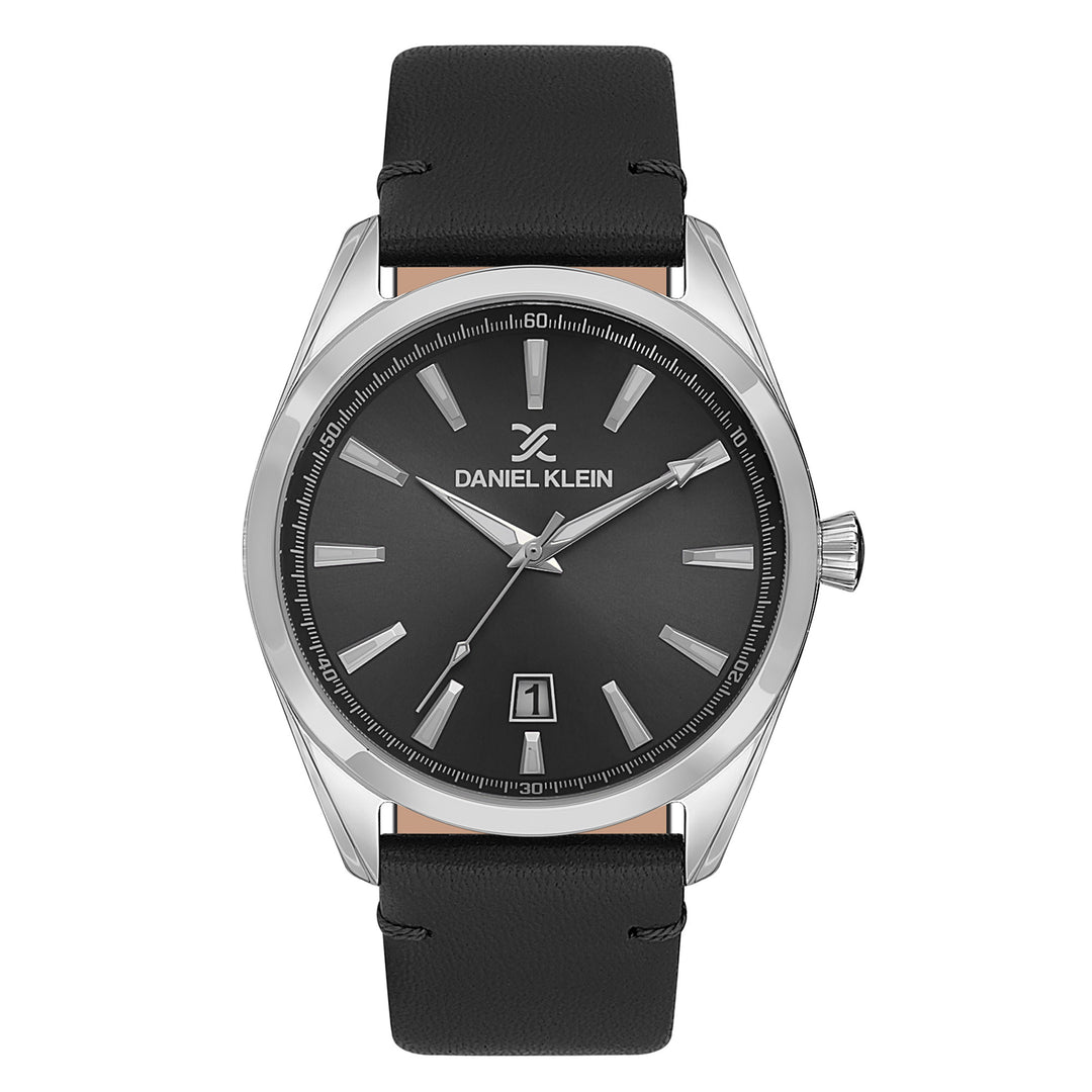 Gents Silver Case &  Black Dial Watch With Black Leather Strap
