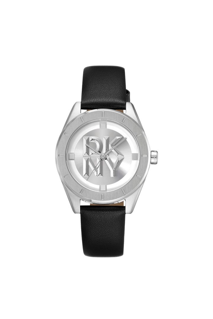 Logo Stainless Steel Case & Silver White Dial Watch With Black Leather Strap - Black