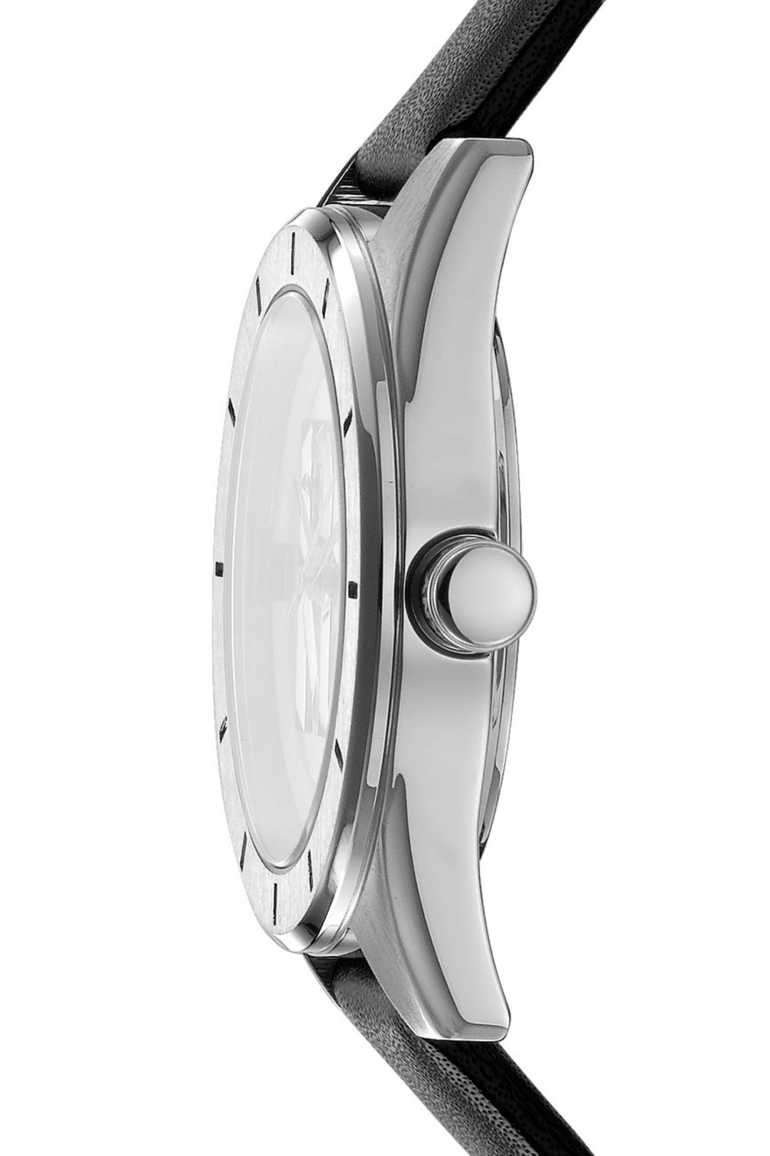 Logo Stainless Steel Case & Silver White Dial Watch With Black Leather Strap - Black