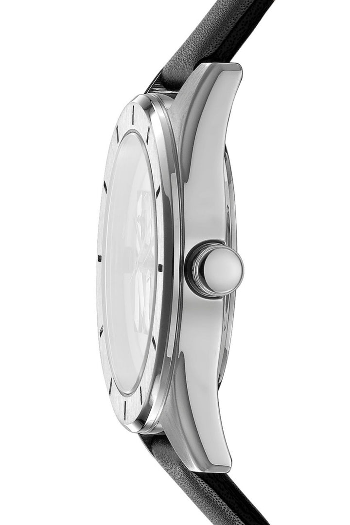 Logo Stainless Steel Case & Silver White Dial Watch With Black Leather Strap - Black