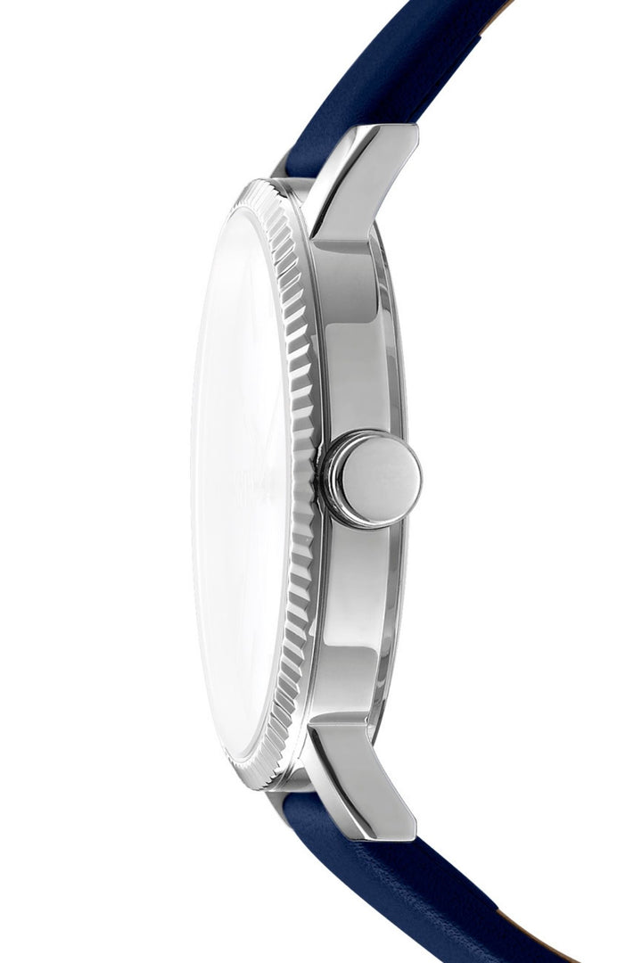 Urban Stainless Steel Case & Silver Dial Watch With Navy Leather Strap - Navy