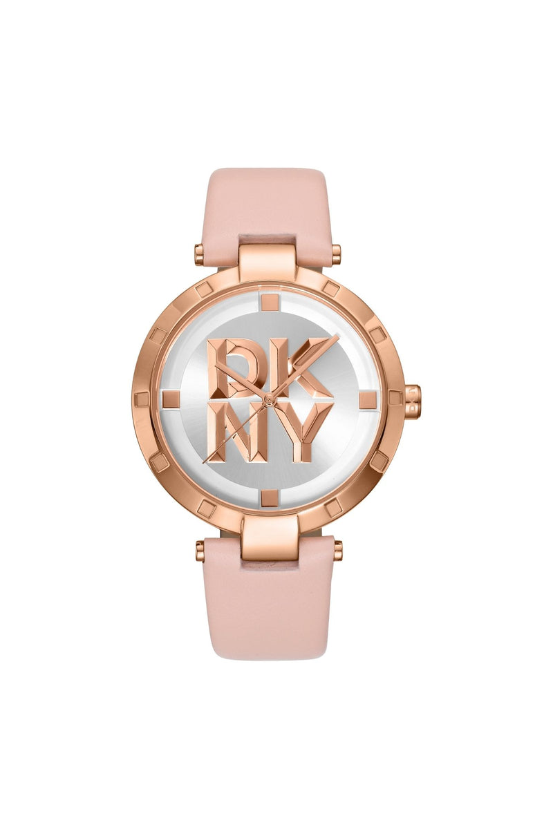 Logo Rose Gold Case & Silver White Dial Watch With Pink Leather Strap - Pink
