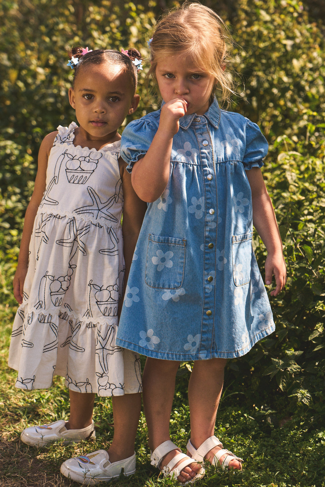 Pre- Girls Short Sleeve Floral Printed Denim Dress - Light Blue