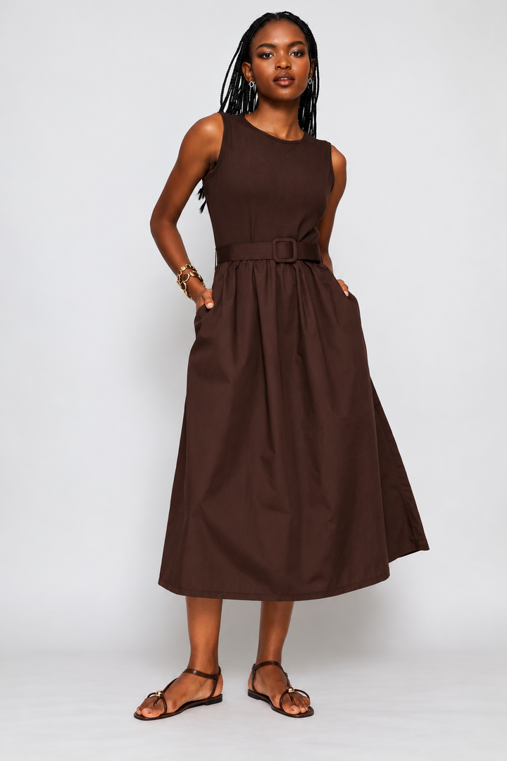 Rib Belted Combo Midi Dress - Dark Chocolate