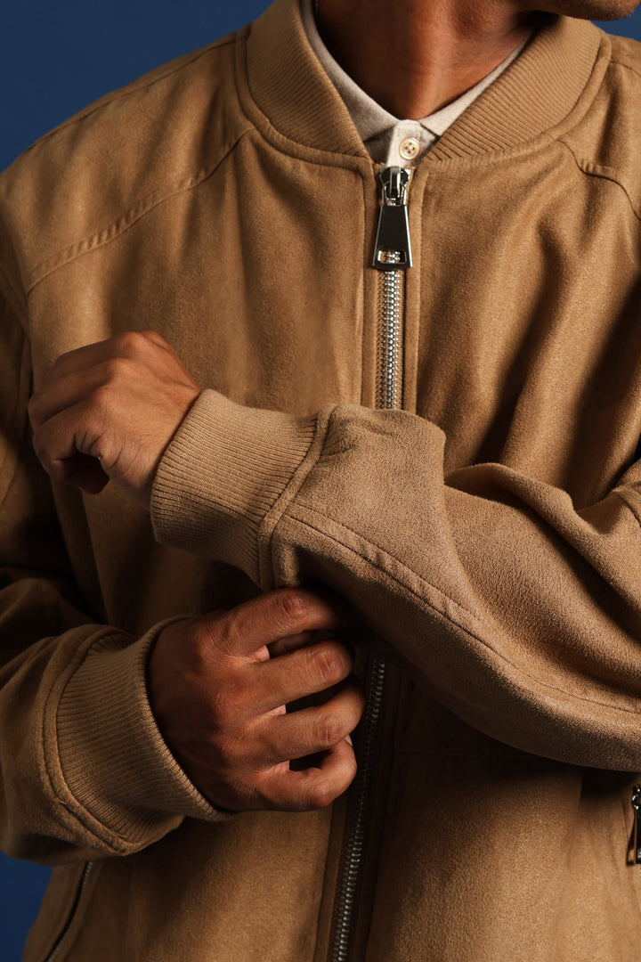 Mock Suede Bomber - Camel