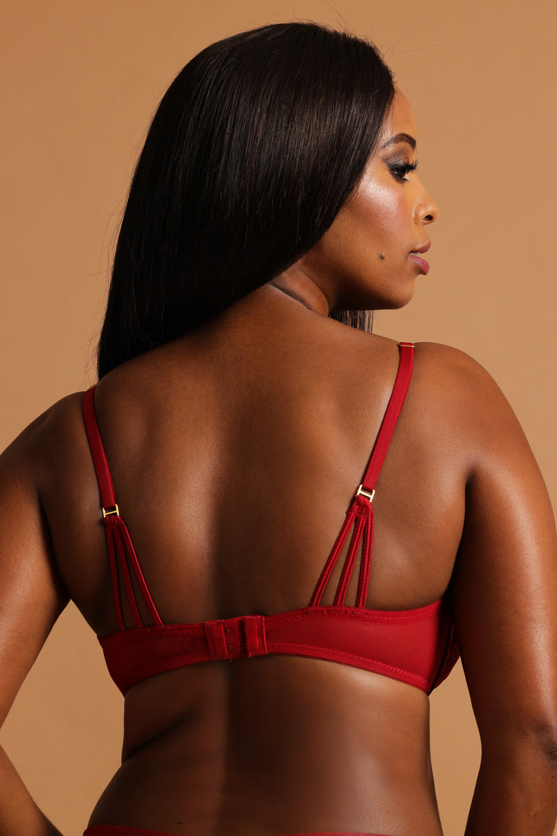 Cloth & Embroidred Balconette Bra - Red
