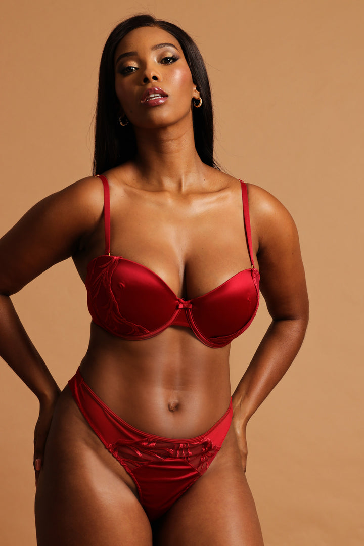 2 Pack Cloth & Embroidered Thong Panty - Red/Black