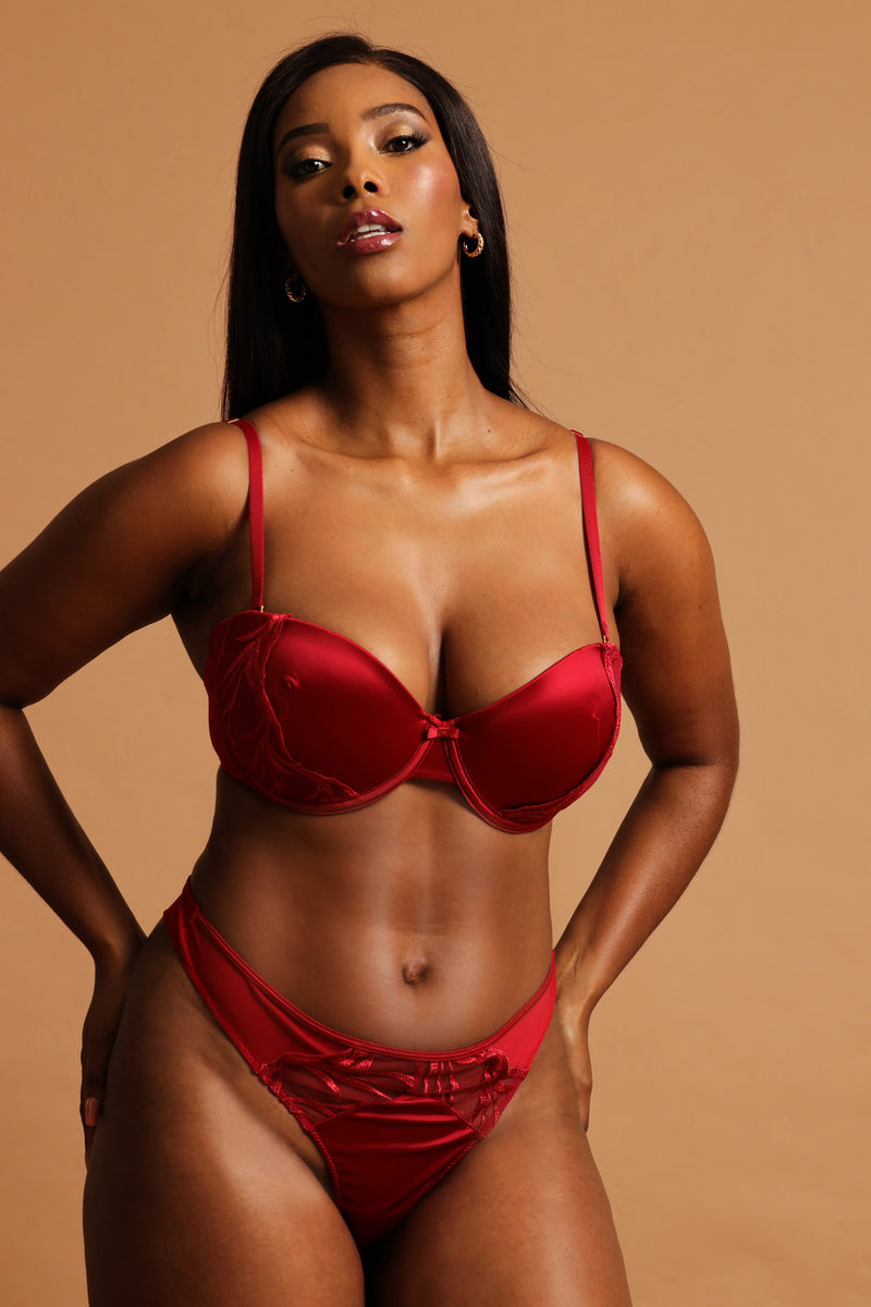 Cloth & Embroidred Balconette Bra - Red