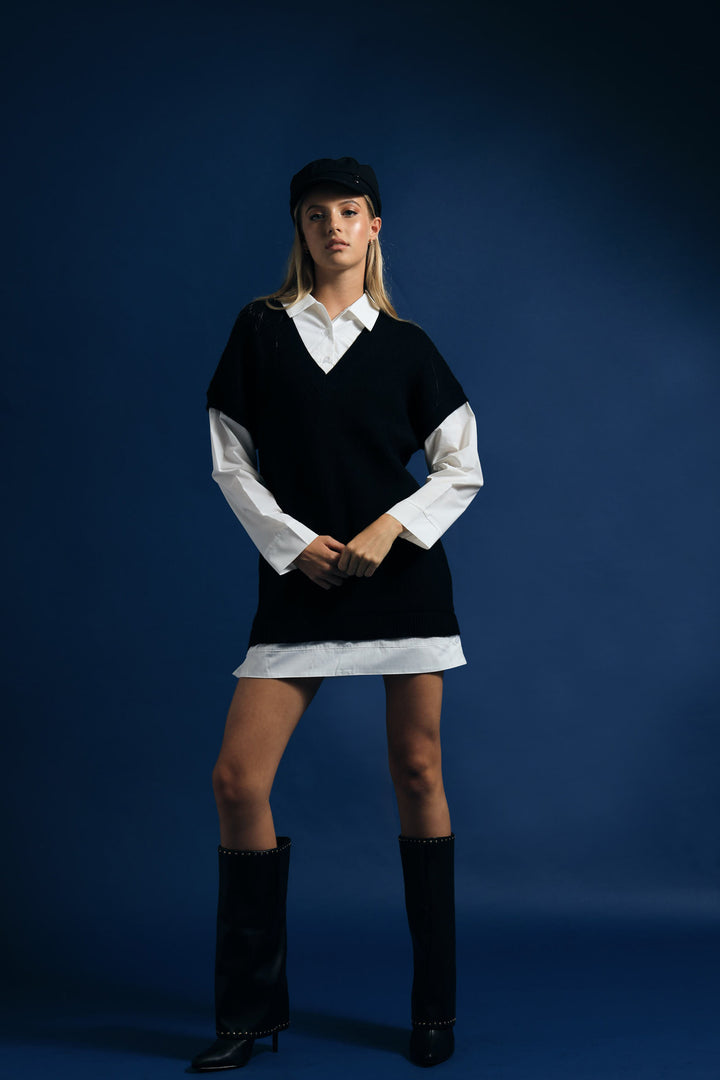 Long Sleeve Short Length Dress - Black/White