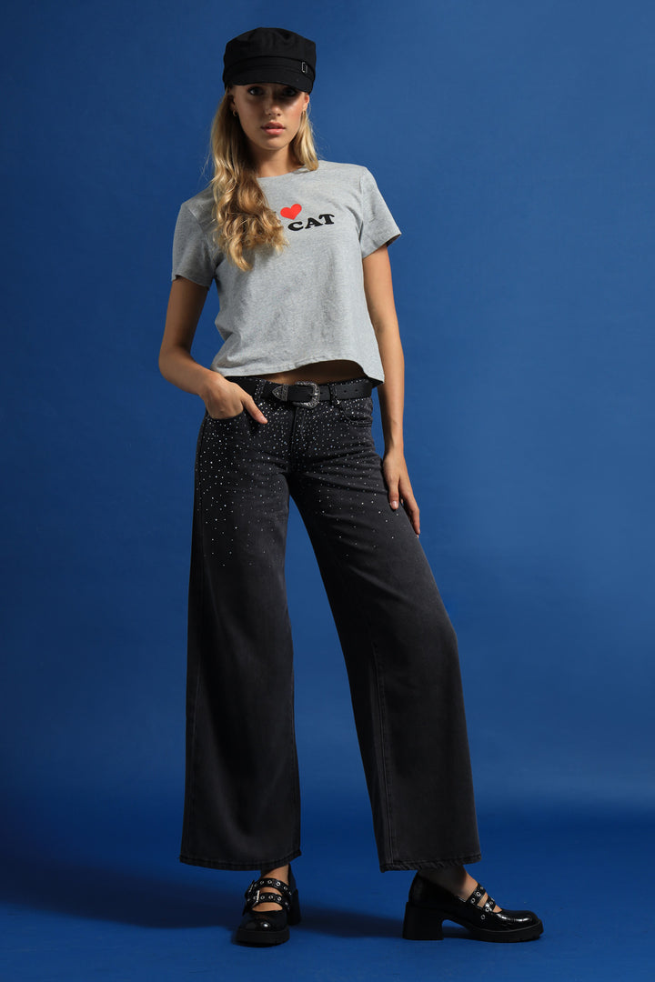 Rhinestone Low-Rise Baggy Jeans - Black