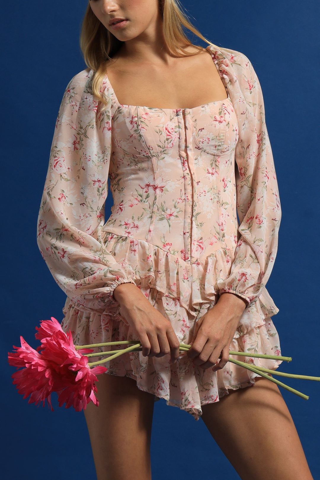 Long Sleeve Fit & Flare Mini Dress - Pink