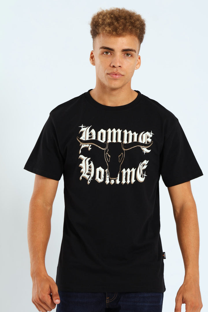Basic Short Sleeve Print Tee - Black