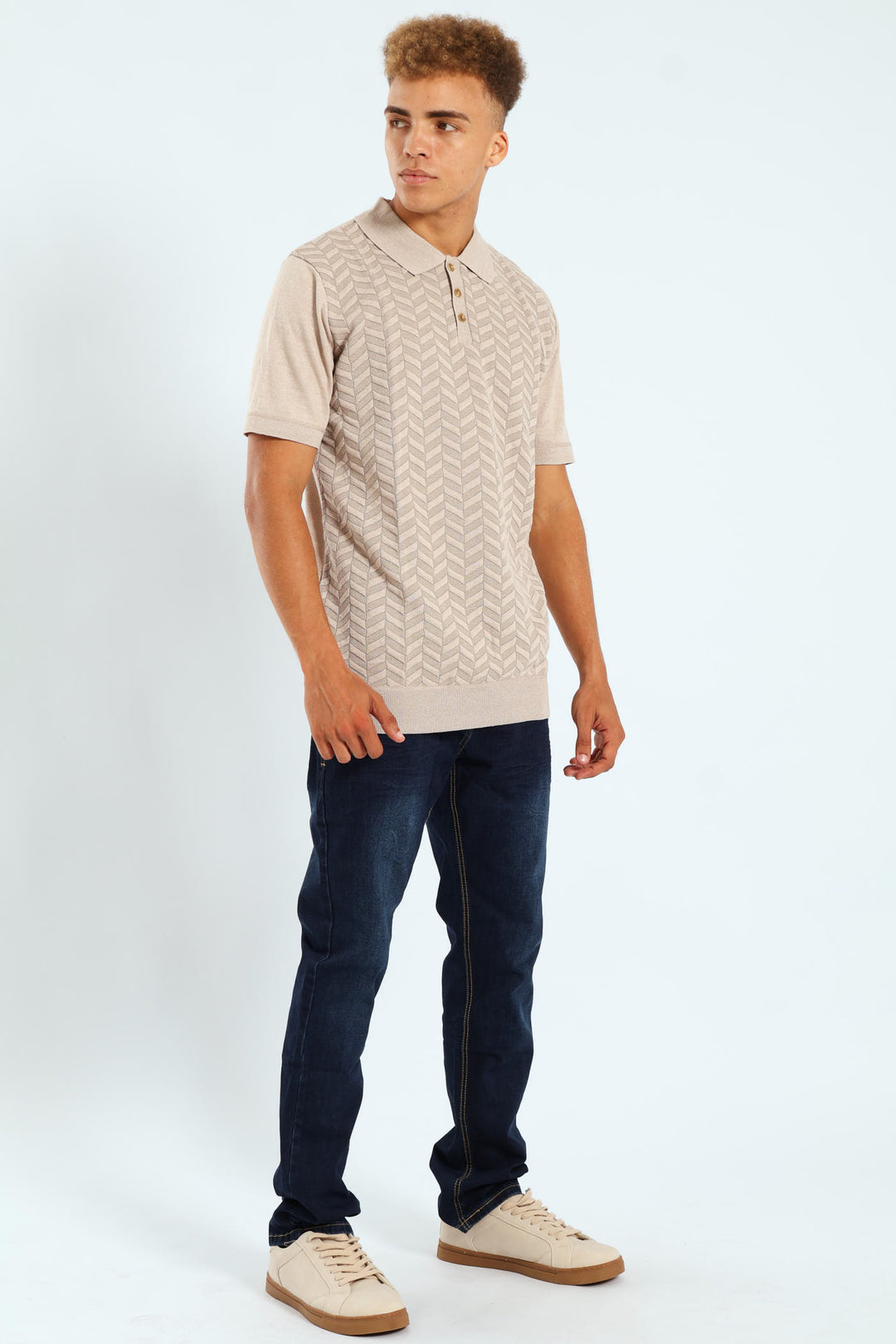 Heringbone Knitwear Golfer - Stone