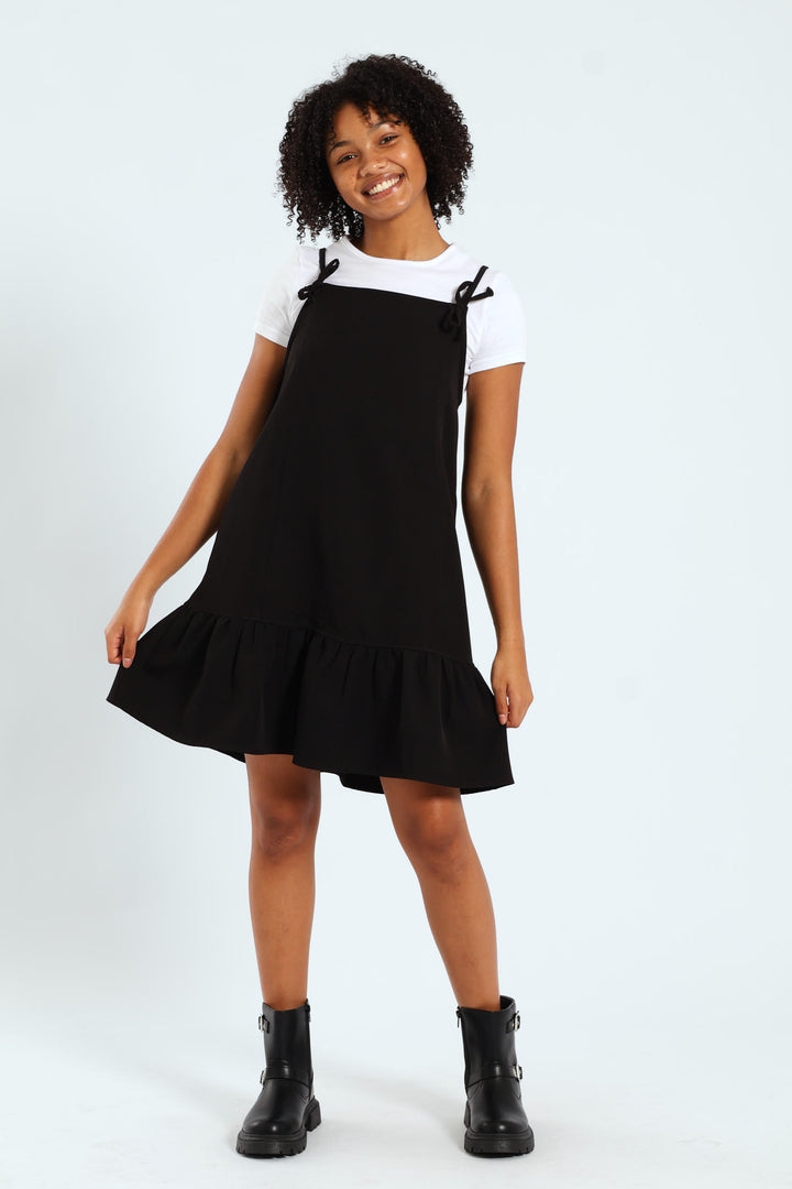 Girls Twofer Strappy Dress With Bows - Black