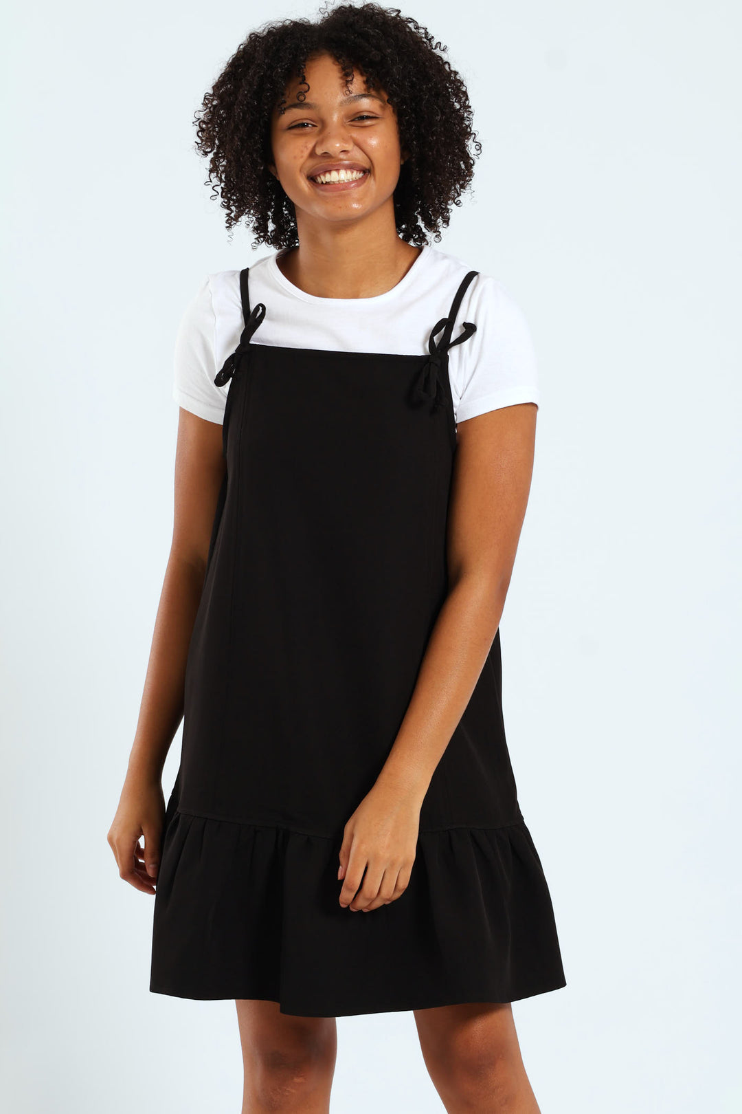 Girls Twofer Strappy Dress With Bows - Black
