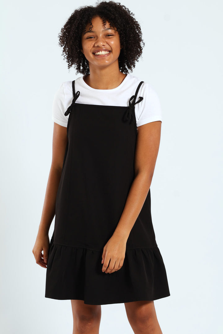 Girls Twofer Strappy Dress With Bows - Black