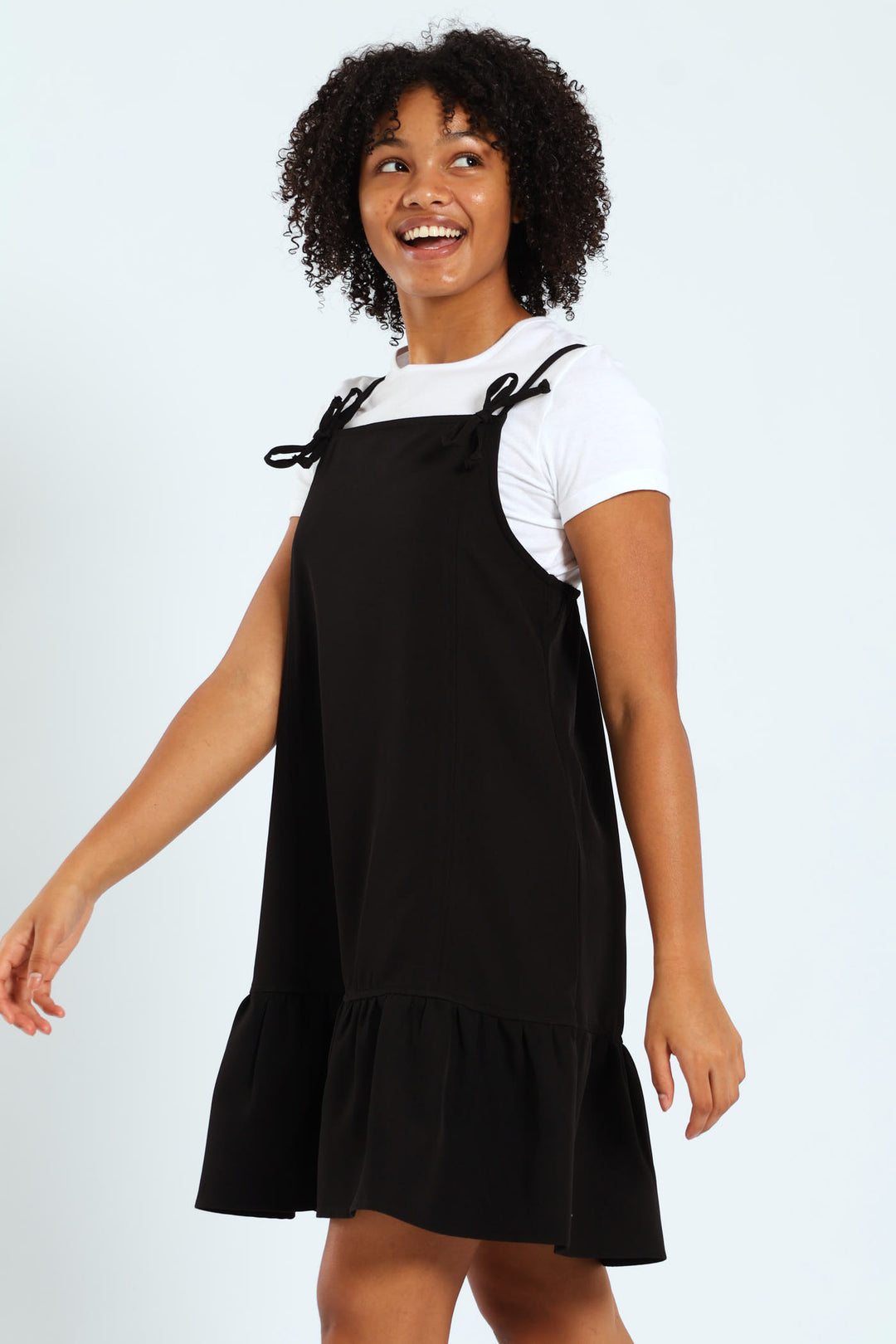 Girls Twofer Strappy Dress With Bows - Black