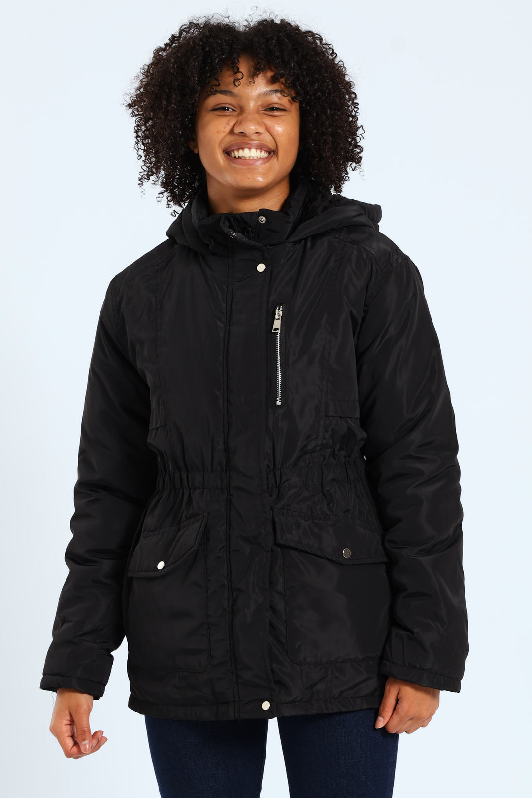 Girls Sherpa Hoody Parker Jacket - Black