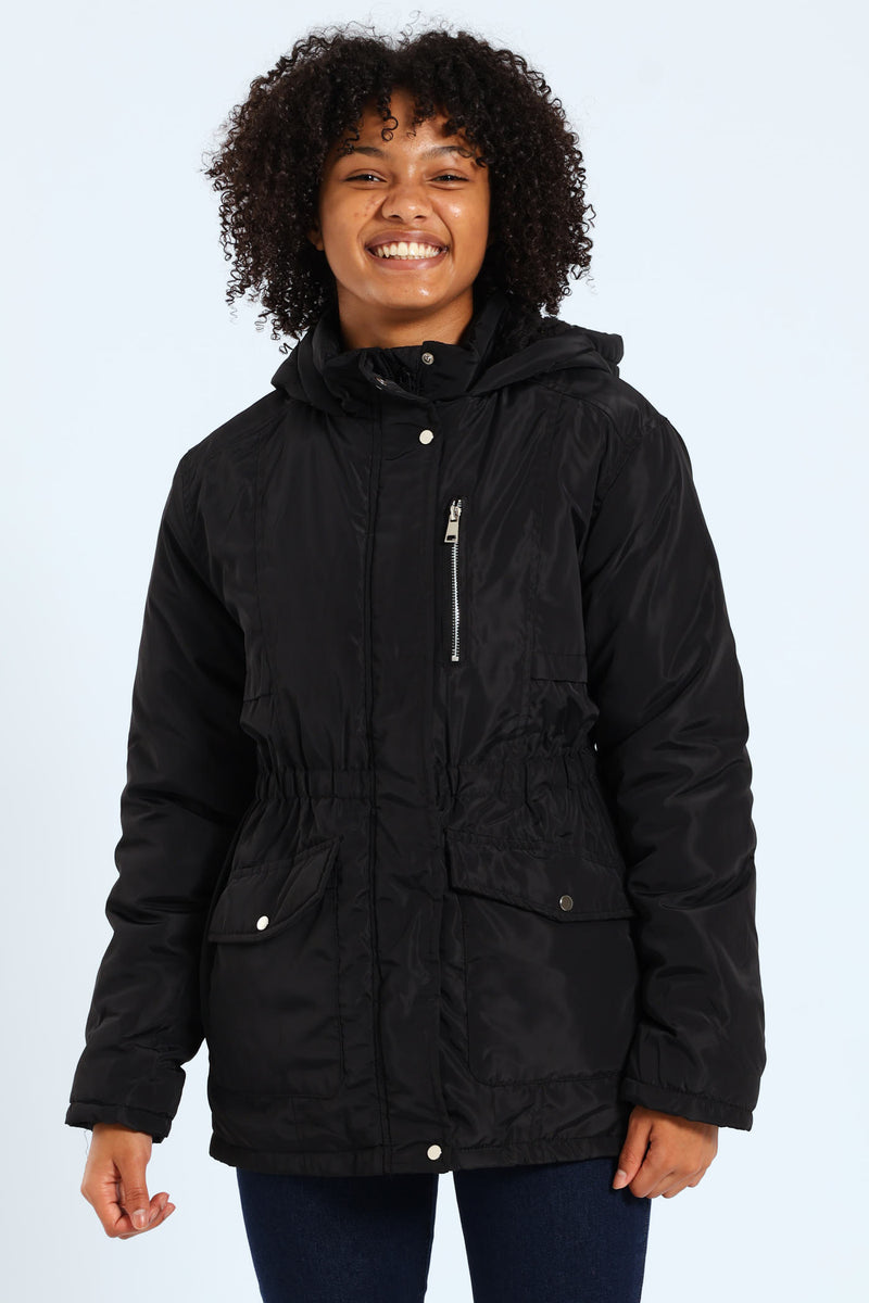 Girls Sherpa Hoody Parker Jacket - Black