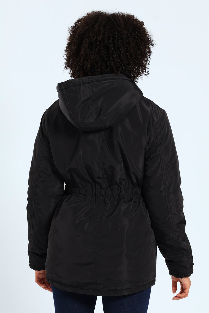 Girls Sherpa Hoody Parker Jacket - Black