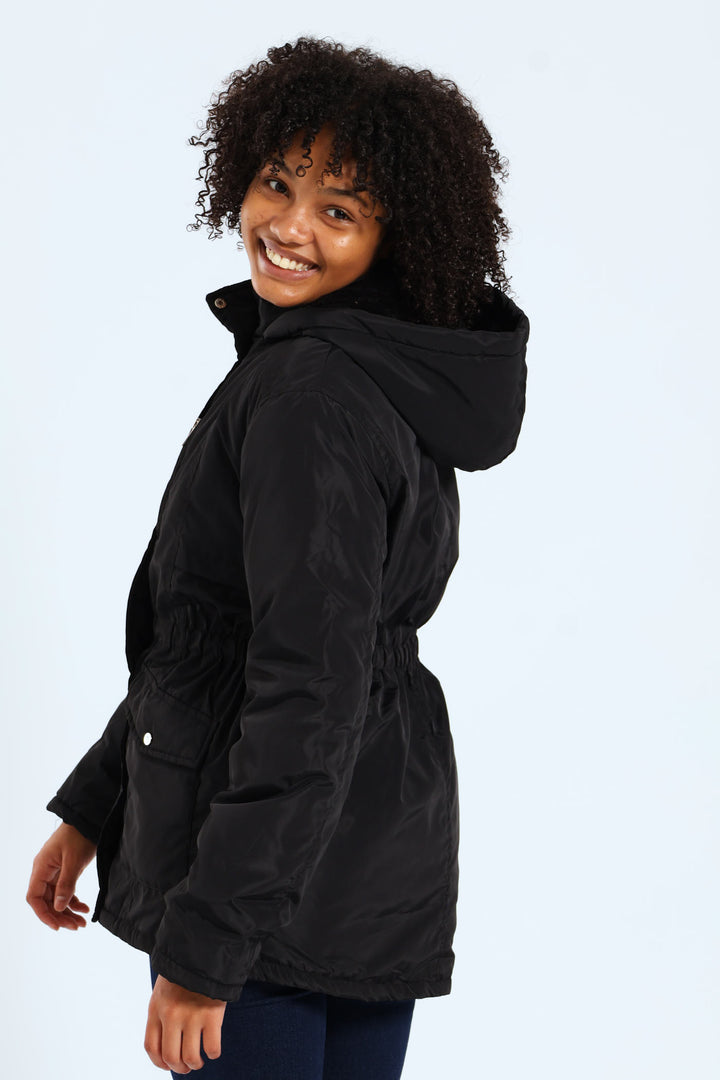 Girls Sherpa Hoody Parker Jacket - Black