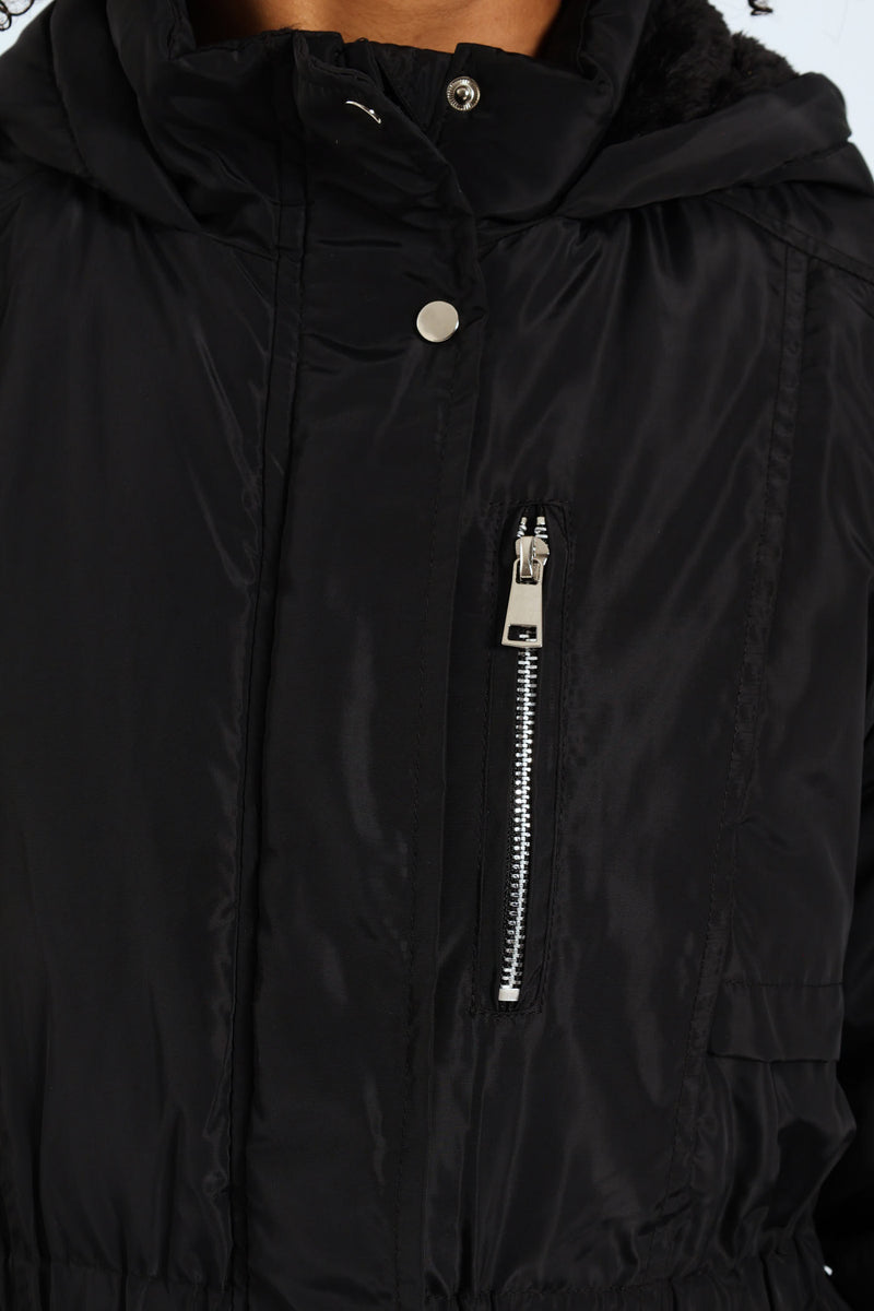 Girls Sherpa Hoody Parker Jacket - Black