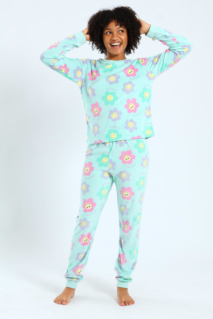 Girls Smiley Print Long Sleeve Sleep Set - Aqua Mist Green