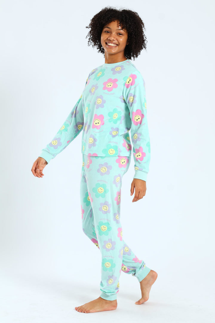 Girls Smiley Print Long Sleeve Sleep Set - Aqua Mist Green