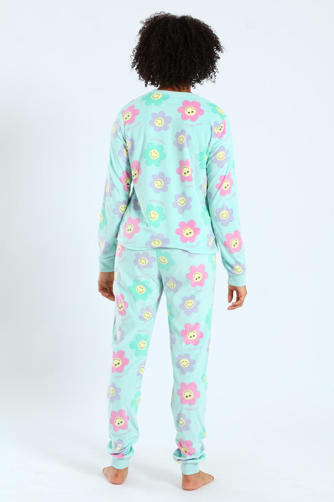 Girls Smiley Print Long Sleeve Sleep Set - Aqua Mist Green
