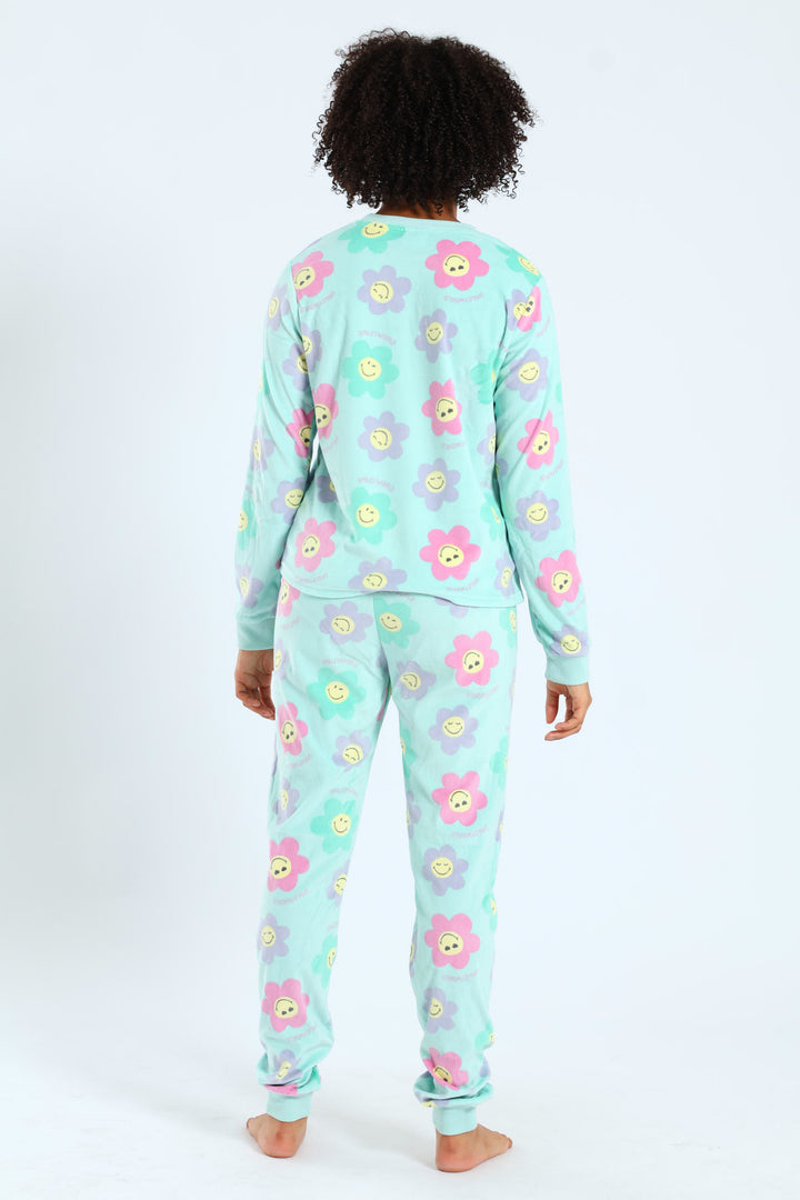 Girls Smiley Print Long Sleeve Sleep Set - Aqua Mist Green