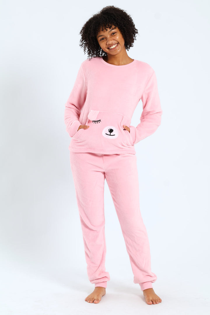 Girls Embroidered Bear Pocket Sleepwear - Pink