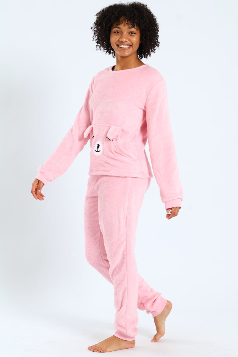 Girls Embroidered Bear Pocket Sleepwear - Pink