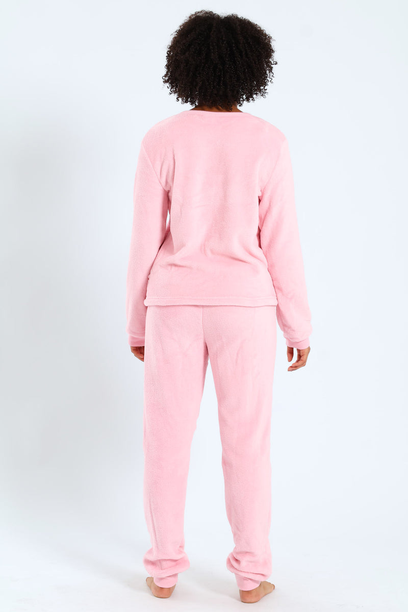 Girls Embroidered Bear Pocket Sleepwear - Pink