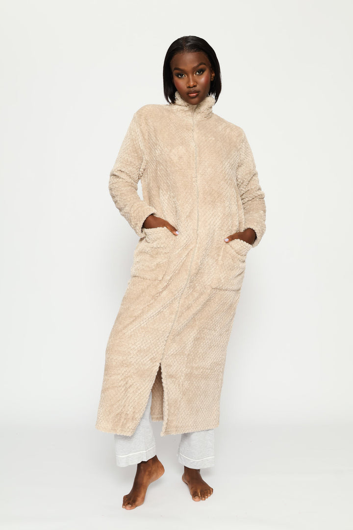 Zip Through Waffle Gown - Natural