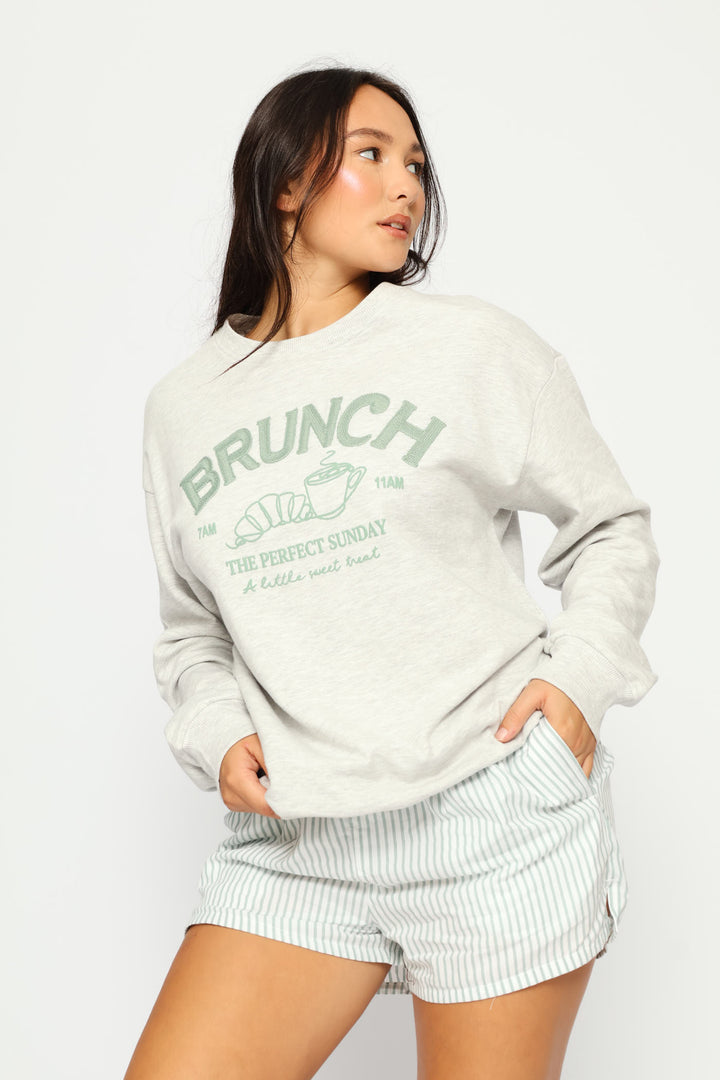 Long Sleeve Fleece Pullover & Woven Short Set - Grey Melange