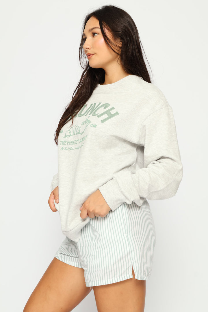 Long Sleeve Fleece Pullover & Woven Short Set - Grey Melange
