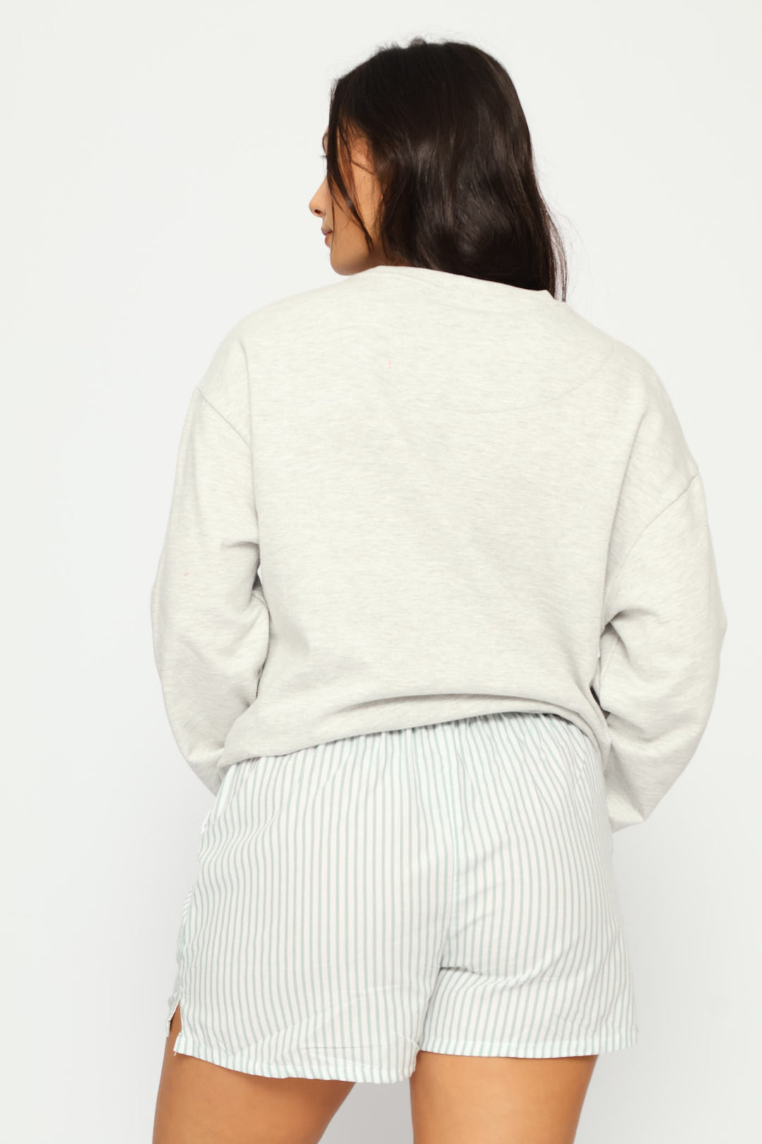 Long Sleeve Fleece Pullover & Woven Short Set - Grey Melange