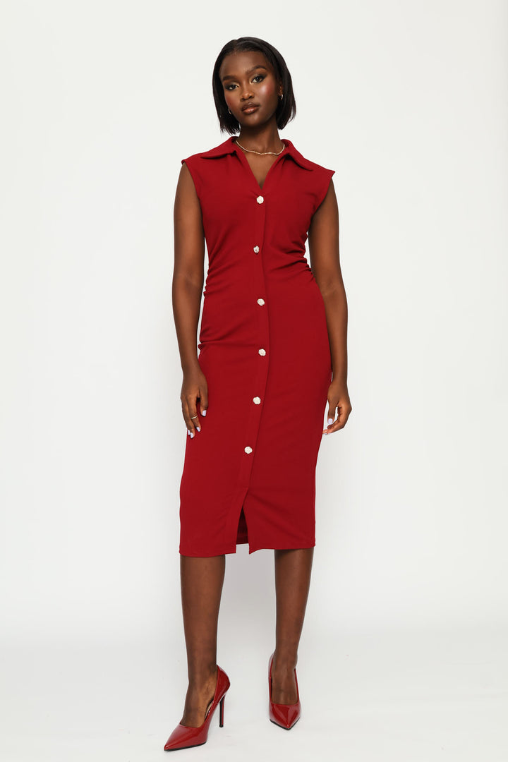 Collared Ruched Side Midi Dress - Burgundy