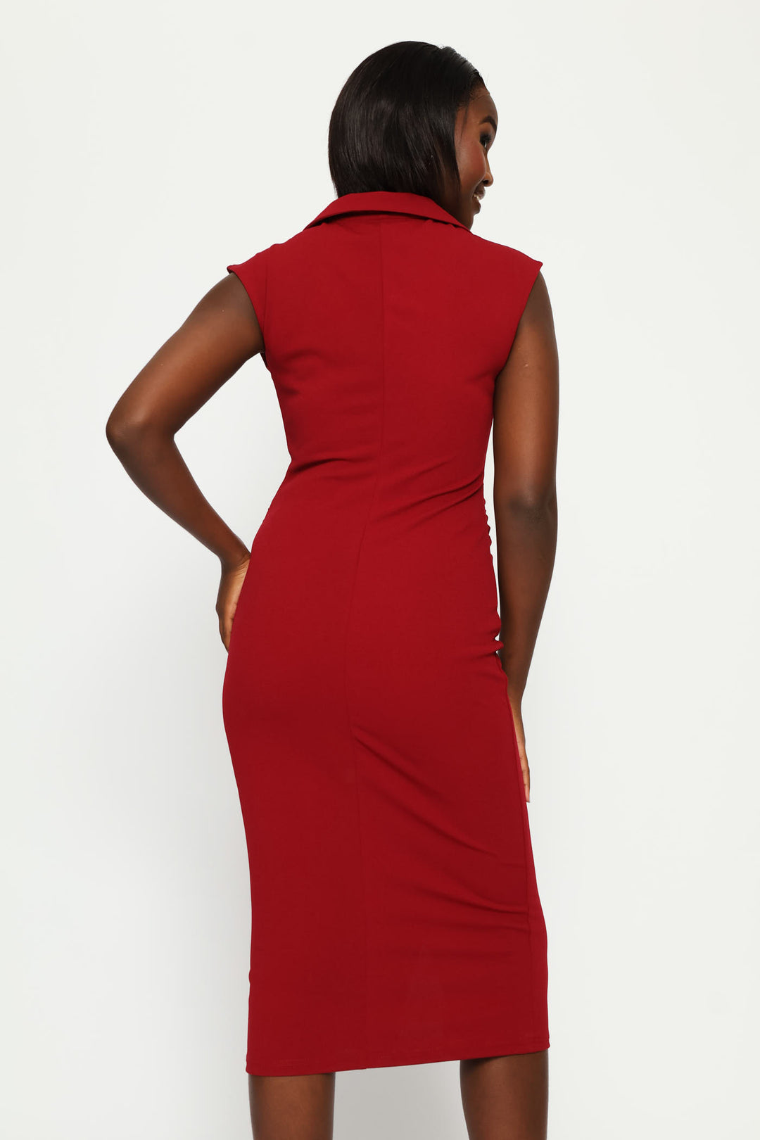 Collared Ruched Side Midi Dress - Burgundy