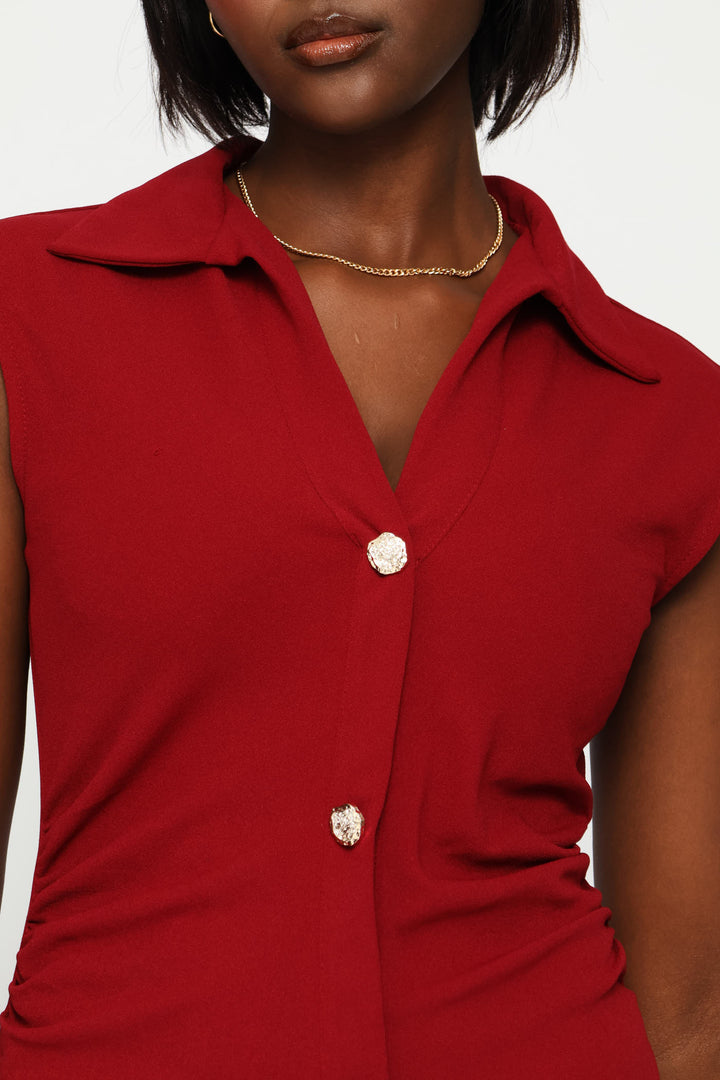 Collared Ruched Side Midi Dress - Burgundy