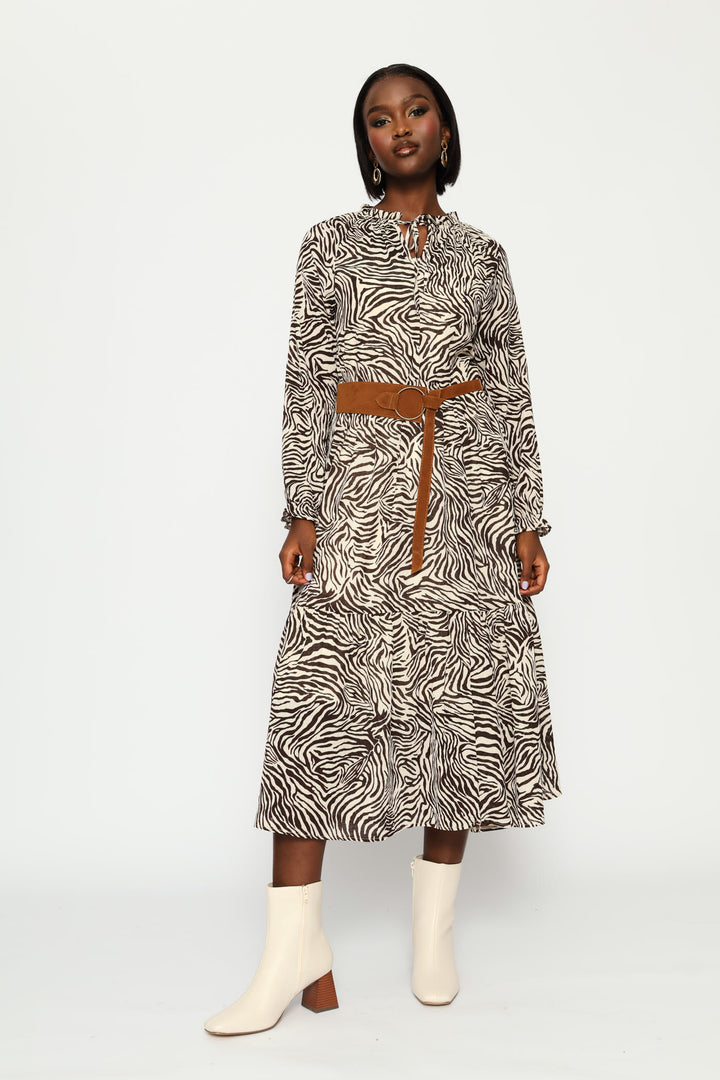 Long Sleeve Belted Boho Tiered Maxi Dress - White/Chocolate